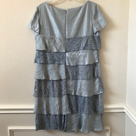 London Times Metallic Blue Lace Trim Ruffle Dress - Picture 13 of 15